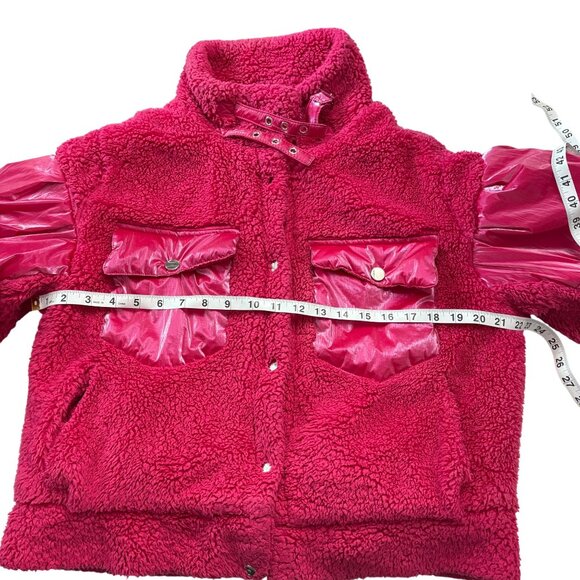 Forever 21 Womens Hot Pink Sherpa Jacket JuniorSize L With Faux Leather Sleeves - Picture 7 of 16